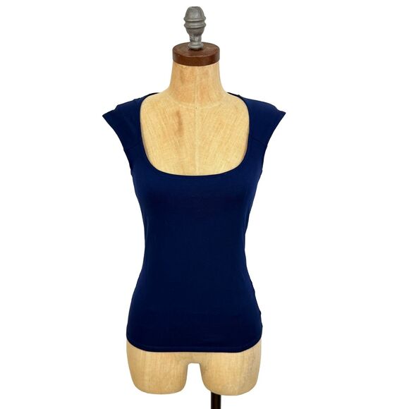 J.CREW Cap-Sleeve Stretch Cotton-Blend Squareneck Tank Top XXL Navy Blue NWT B77 - Picture 2 of 7